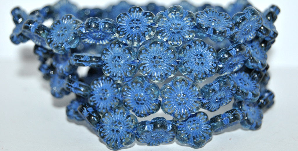 Flower Pressed Glass Beads, Transparent Aqua 43430 (60210 43430), Glass, Czech Republic