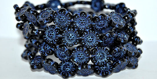 Flower Pressed Glass Beads, Black 43809 (23980 43809), Glass, Czech Republic