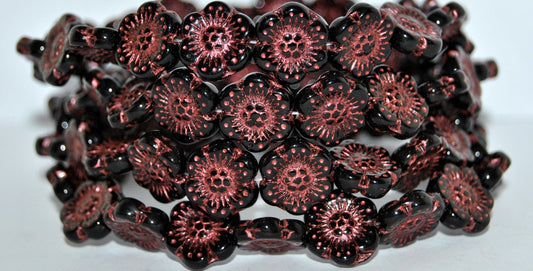 Flower Pressed Glass Beads, Black 43806B (23980 43806B), Glass, Czech Republic