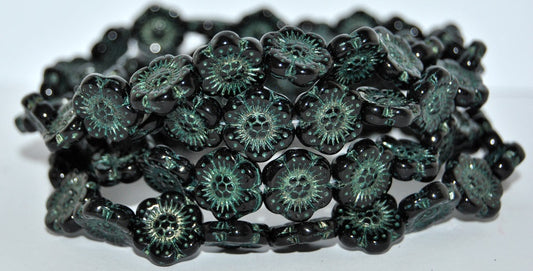 Flower Pressed Glass Beads, Black 43814 (23980 43814), Glass, Czech Republic