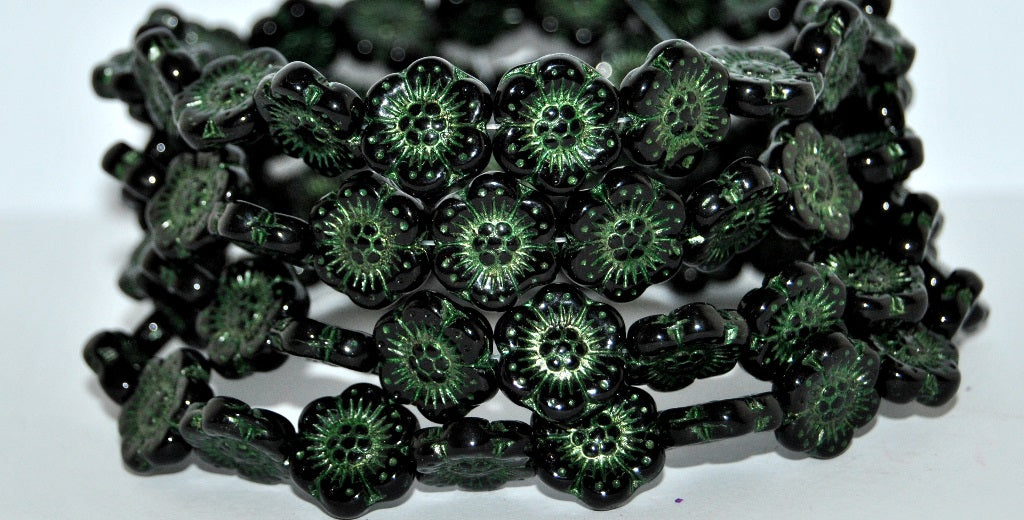 Flower Pressed Glass Beads, Black 43816 (23980 43816), Glass, Czech Republic