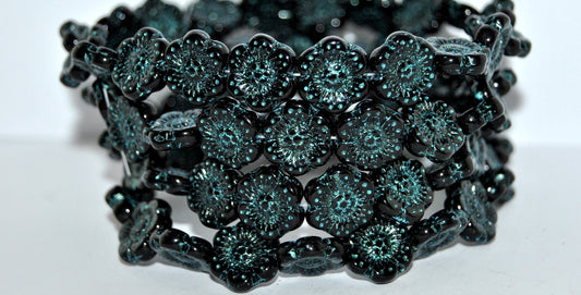 Flower Pressed Glass Beads, Black 43811 (23980 43811), Glass, Czech Republic