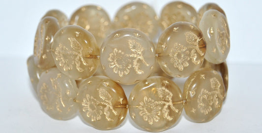 Round Flat With Flower Marguerite Pressed Glass Beads, Mixed Colors Opal 54202 (Mix Opal 54202), Glass, Czech Republic