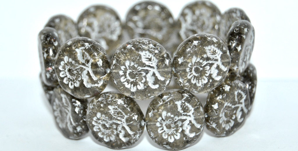 Round Flat With Flower Marguerite Pressed Glass Beads, (40020 54201 Crack), Glass, Czech Republic