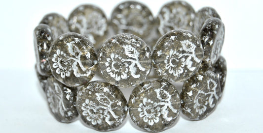 Round Flat With Flower Marguerite Pressed Glass Beads, (40020 54201 Crack), Glass, Czech Republic