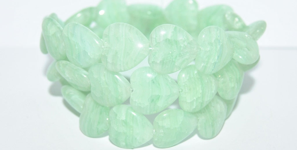 Heart Pressed Glass Beads, (Green Opal Crack), Glass, Czech Republic