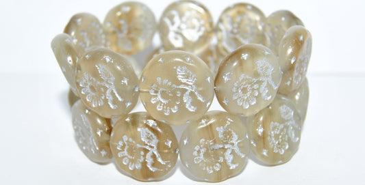 Round Flat With Flower Marguerite Pressed Glass Beads, Mixed Colors Opal 54201 (Mix Opal 54201), Glass, Czech Republic