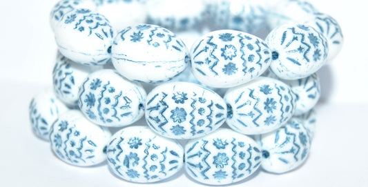 Oval Egg With Decor Pressed Glass Beads, White Light Blue Lined (02010-43811), Glass, Czech Republic