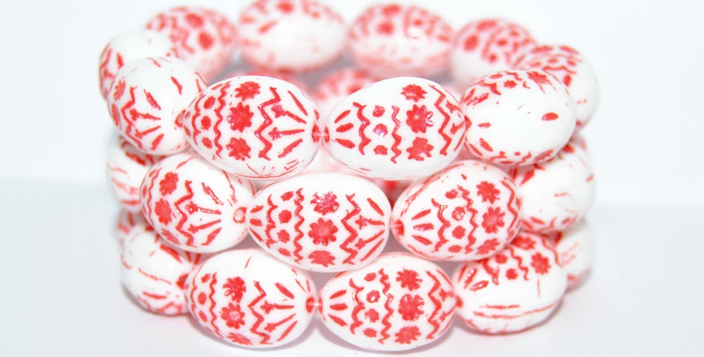 Oval Egg With Decor Pressed Glass Beads, White Red Lined (02010-43808), Glass, Czech Republic