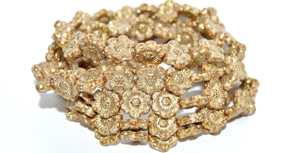 Flower Pressed Glass Beads, White Travertin Gold Lined (02010-86800-54202), Glass, Czech Republic
