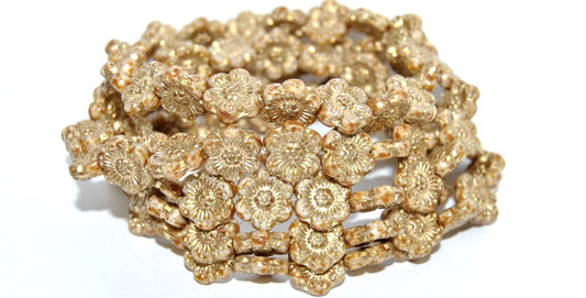 Flower Pressed Glass Beads, White Travertin Gold Lined (02010-86800-54202), Glass, Czech Republic