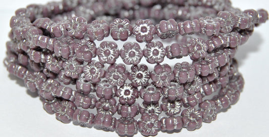 Hawaii Flower Pressed Glass Beads, Opaque Amethyst Silver Lined (23030-54201), Glass, Czech Republic