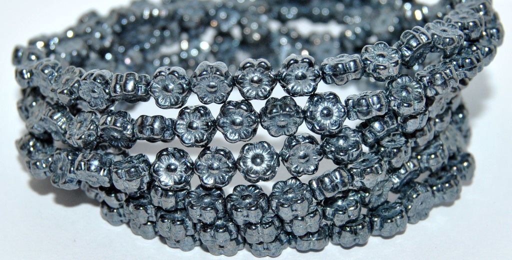 Hawaii Flower Pressed Glass Beads, Black Hematite (23980-14400), Glass, Czech Republic