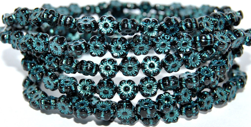 Hawaii Flower Pressed Glass Beads, Black Light Blue Lined Metalic (23980-43811-METALIC), Glass, Czech Republic