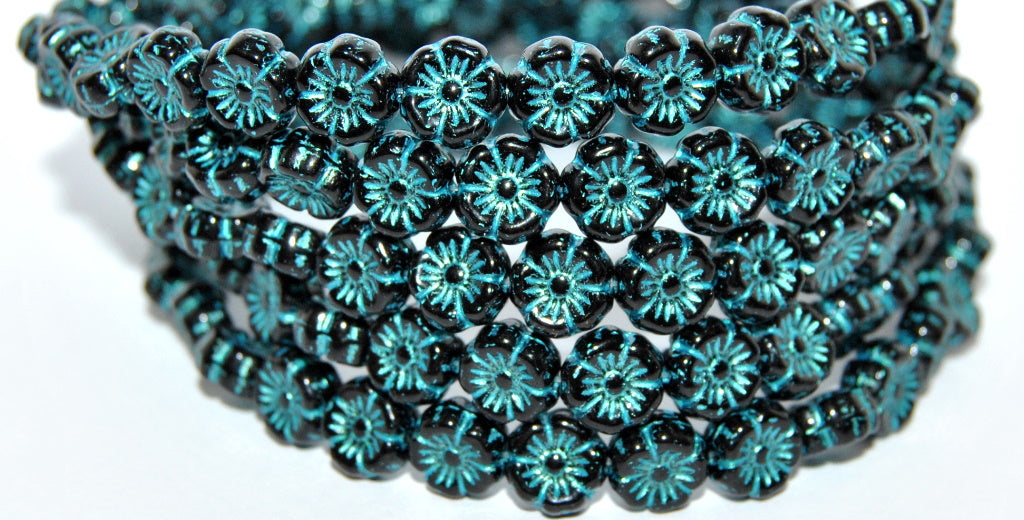 Hawaii Flower Pressed Glass Beads, Black Light Blue Lined Metalic (23980-43811-METALIC), Glass, Czech Republic