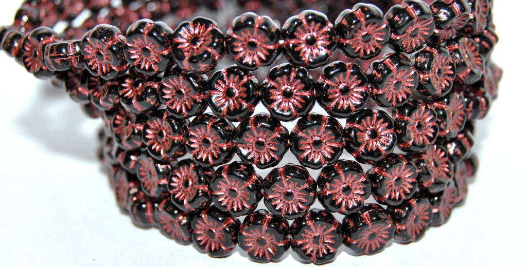 Hawaii Flower Pressed Glass Beads, Black Copper Lined Metalic (23980-43806-METALIC), Glass, Czech Republic