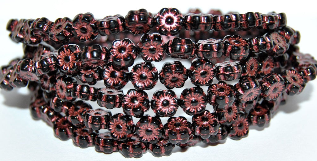 Hawaii Flower Pressed Glass Beads, Black Copper Lined Metalic (23980-43806-METALIC), Glass, Czech Republic