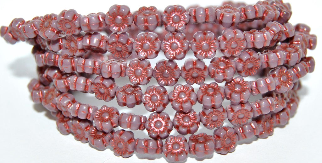 Hawaii Flower Pressed Glass Beads, Opaque Amethyst Copper Lined Metalic (23030-43806-METALIC), Glass, Czech Republic