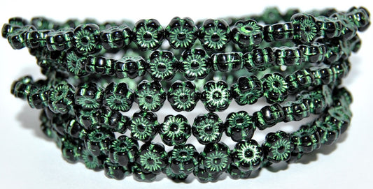 Hawaii Flower Pressed Glass Beads, Black 43813 Metalic (23980-43813-METALIC), Glass, Czech Republic