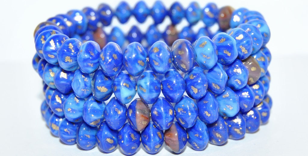 Flat Round Lentil Pressed Glass Beads, Mixed Colors Blue Gold Lined (MIX-BLUE-54202), Glass, Czech Republic