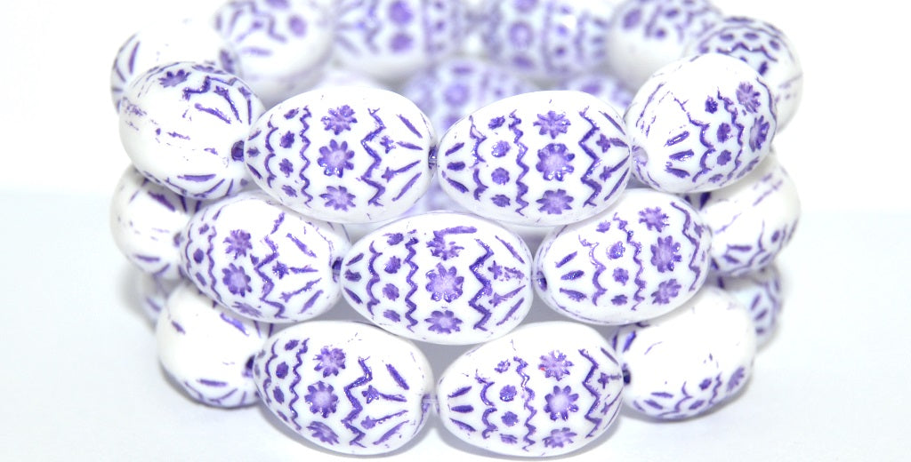 Oval Egg With Decor Pressed Glass Beads, White 43810 Metalic (02010-43810-METALIC), Glass, Czech Republic