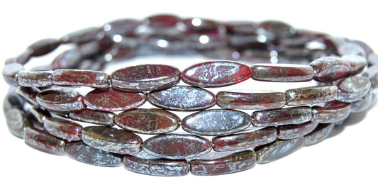 Boat Oval Pressed Glass Beads, Striped Dark Red Rembrandt Travertin (26907-43500), Glass, Czech Republic