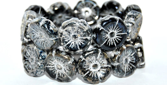 Hawaii Flower Pressed Glass Beads, Black Rembrandt Travertin Silver Lined (23980-43500-54201), Glass, Czech Republic