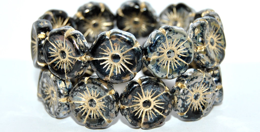Hawaii Flower Pressed Glass Beads, Black Rembrandt Travertin Gold Lined (23980-43500-54202), Glass, Czech Republic