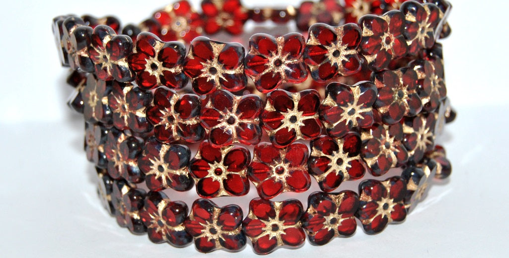 Table Cut Flower Beads Linum, Ruby Red 86 Gold Lined (90080-86-54202), Glass, Czech Republic