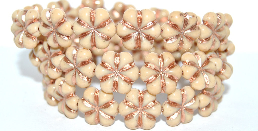 6-Petal Flower Pressed Glass Beads, Beige Copper Lined (13020-54200), Glass, Czech Republic