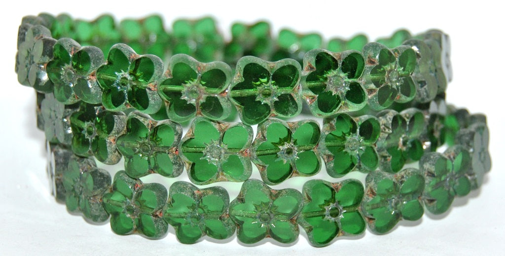 Table Cut Flower Beads Linum, Transparent Green Travertin Matte (50570-86800M), Glass, Czech Republic