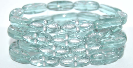 Boat Oval Pressed Glass Beads With Decor, Transparent Blue 54201 (30020 54201), Glass, Czech Republic