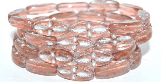 Boat Oval Pressed Glass Beads With Decor, Transparent Pink 54201 (70110 54201), Glass, Czech Republic