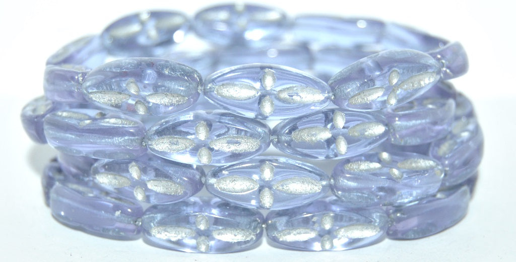 Boat Oval Pressed Glass Beads With Decor, Transparent Light Amethyst 54201 (20210 54201), Glass, Czech Republic