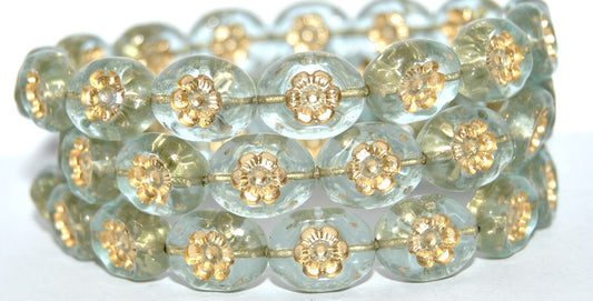 Oval Pressed Glass Beads With Flowers, Transparent Blue 54202 (30010 54202), Glass, Czech Republic