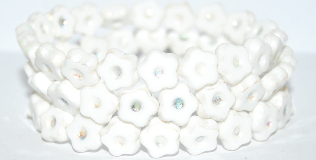 Table Cut Flower Beads With Dot, Chalk White Ab 2Xside (3000 Ab 2Xside), Glass, Czech Republic