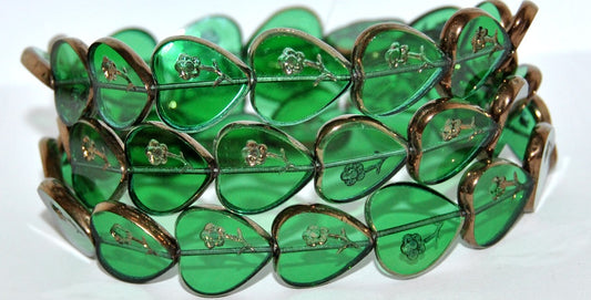 Table Cut Heart Beads With Rose, Transparent Green Bronze (50130 14415), Glass, Czech Republic