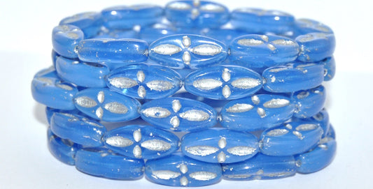 Boat Oval Pressed Glass Beads With Decor, Opal Blue 54201 (31010 54201), Glass, Czech Republic