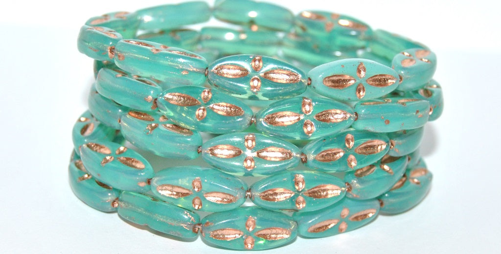 Boat Oval Pressed Glass Beads With Decor, Opal Aqua 54200 Uranium (61100 54200 Uranium), Glass, Czech Republic