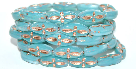 Boat Oval Pressed Glass Beads With Decor, Opal Aqua 54200 (61300 54200), Glass, Czech Republic