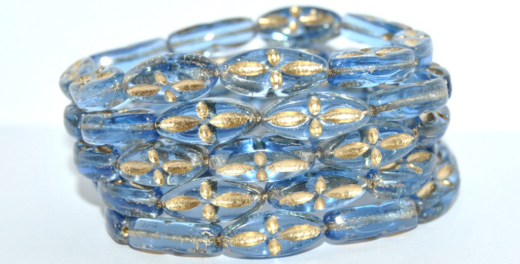 Boat Oval Pressed Glass Beads With Decor, Transparent Blue 54202 (30030 54202), Glass, Czech Republic