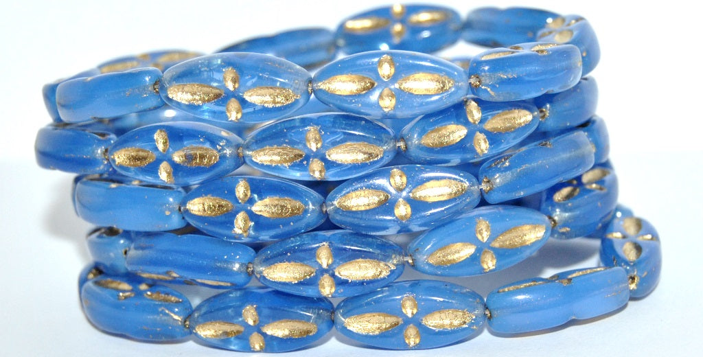 Boat Oval Pressed Glass Beads With Decor, Opal Blue 54202 (31010 54202), Glass, Czech Republic