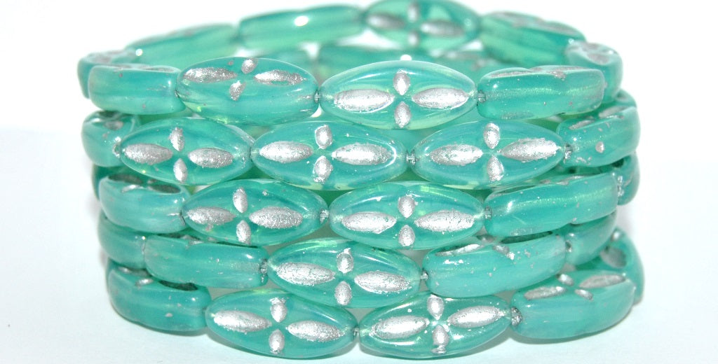Boat Oval Pressed Glass Beads With Decor, Opal Aqua 54201 Uranium (61100 54201 Uranium), Glass, Czech Republic