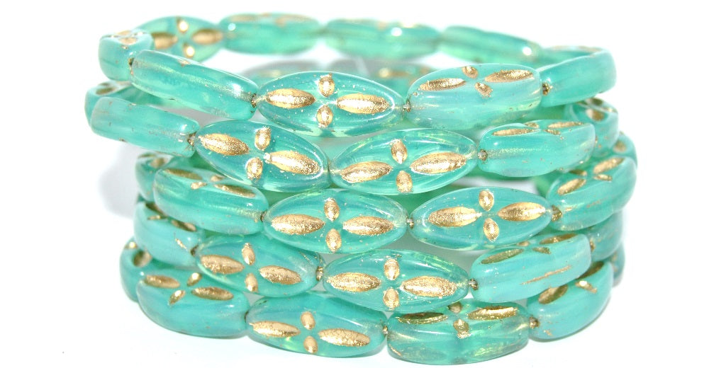 Boat Oval Pressed Glass Beads With Decor, Opal Aqua 54202 Uranium (61100 54202 Uranium), Glass, Czech Republic