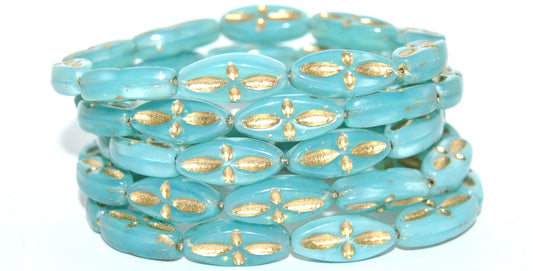 Boat Oval Pressed Glass Beads With Decor, Opal Aqua 54202 (61300 54202), Glass, Czech Republic