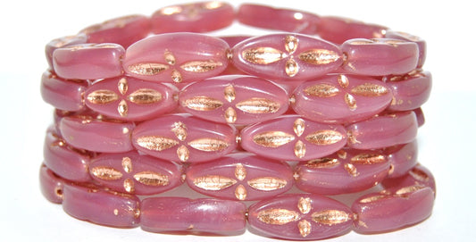 Boat Oval Pressed Glass Beads With Decor, Opal Pink 54200 (71010 54200), Glass, Czech Republic