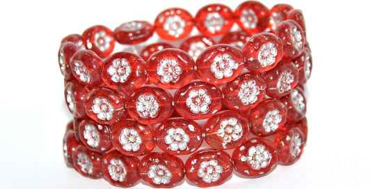 Oval Pressed Glass Beads With Flowers, Transparent Red 54201 (90060 54201), Glass, Czech Republic