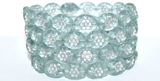 Oval Pressed Glass Beads With Flowers, Transparent Blue 54201 (30010 54201), Glass, Czech Republic