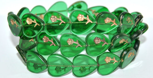 Table Cut Heart Beads With Rose, Transparent Green Mat 54202 (50130 Mat 54202), Glass, Czech Republic