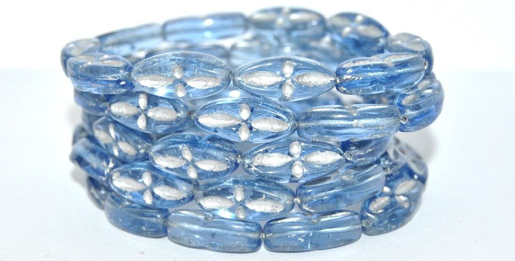 Boat Oval Pressed Glass Beads With Decor, Transparent Blue 54201 (30030 54201), Glass, Czech Republic